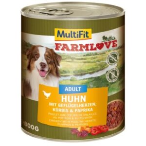 Hundefutter MultiFit Farmlove Adult Huhn, Geflügelherzen 6×800 g