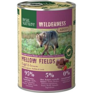 Hundefutter REAL NATURE WILDERNESS Nassfutter für Hunde Adult Mellow Fields Büffel & Lamm 12×400 g