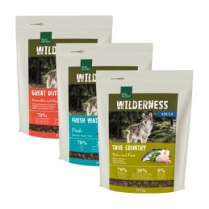 Hundefutter REAL NATURE Wilderness Adult Probierpaket 3×1 kg Paket 2, Huhn, Fisch, Känguru