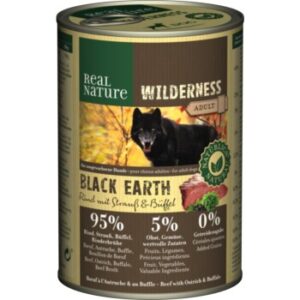 Hundefutter REAL NATURE WILDERNESS Nassfutter für Hunde Adult Black Earth Rind mit Strauß & Büffel 12×400 g