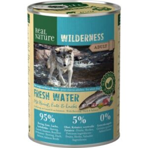 Hundefutter REAL NATURE WILDERNESS Nassfutter für Hunde Adult Fresh Water Hering, Lachs & Ente 6×400 g