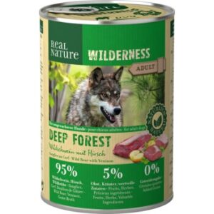 Hundefutter REAL NATURE WILDERNESS Nassfutter für Hunde Adult Deep Forest Wildschwein mit Hirsch 12×400 g