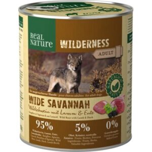 Hundefutter REAL NATURE WILDERNESS Nassfutter für Hunde Adult Wide Savannah Wildschwein mit Lamm & Ente 12×800 g