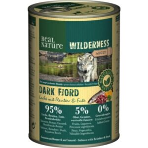 Hundefutter REAL NATURE WILDERNESS Nassfutter für Hunde Adult Dark Fjord Lachs mit Rentier & Ente 12×400 g