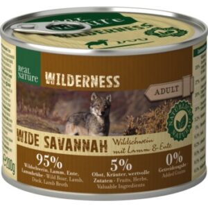 Hundefutter REAL NATURE WILDERNESS Adult Wide Savannah Wildschwein mit Lamm & Ente 6×200 g