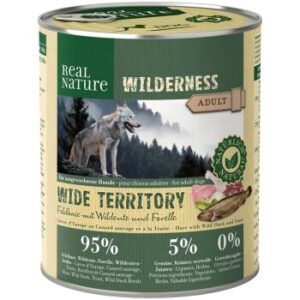 Hundefutter REAL NATURE WILDERNESS Nassfutter für Hunde Adult Wide Territory Feldhase mit Wildente und Forelle 12×800 g