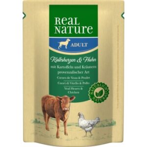 Hundefutter REAL NATURE Adult Pouches 6x300g Kalbsherzen & Huhn