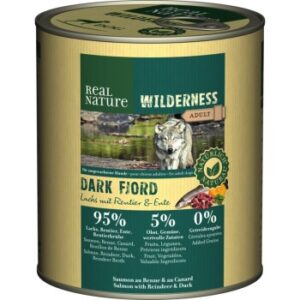 Hundefutter REAL NATURE WILDERNESS Nassfutter für Hunde Adult Dark Fjord Lachs mit Rentier & Ente 12×800 g