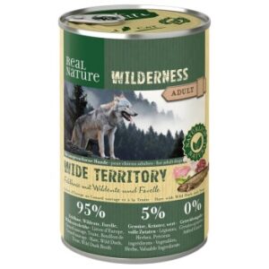 Hundefutter REAL NATURE WILDERNESS Nassfutter für Hunde Adult Wide Territory Feldhase mit Wildente und Forelle 12×400 g