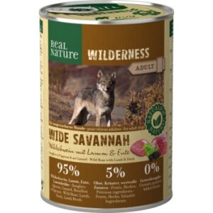 Hundefutter REAL NATURE WILDERNESS Nassfutter für Hunde Adult Wide Savannah Wildschwein mit Lamm & Ente 12×400 g