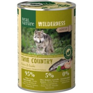 Hundefutter REAL NATURE WILDERNESS Nassfutter für Hunde Adult True Country Huhn & Lachs 12×400 g