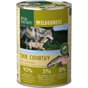 Hundefutter REAL NATURE WILDERNESS Nassfutter für Hunde Junior Huhn mit Lachs 12×400 g