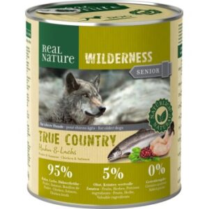 Hundefutter REAL NATURE WILDERNESS Nassfutter für Hunde Senior True Country Huhn & Lachs 12×800 g