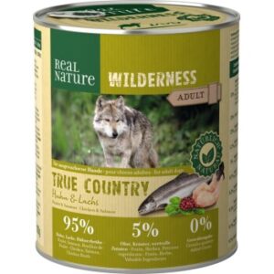 Hundefutter REAL NATURE WILDERNESS Nassfutter für Hunde Adult True Country Huhn & Lachs 12×800 g