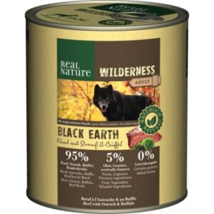 Hundefutter REAL NATURE WILDERNESS Nassfutter für Hunde Adult Black Earth Rind mit Strauß & Büffel 12×800 g