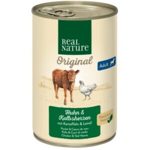 Hundefutter REAL NATURE Adult Kalbsherzen & Huhn 12×400 g