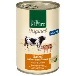 Hundefutter REAL NATURE Adult Rind mit italienischem Schinken 12×400 g