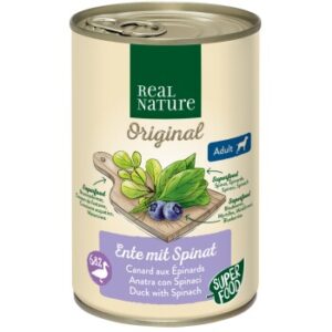 Hundefutter REAL NATURE Superfood Adult Ente mit Spinat 12×400 g