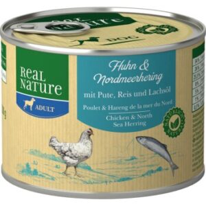 Hundefutter REAL NATURE Adult Huhn & Nordmeerhering 12×200 g