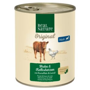 Hundefutter REAL NATURE Adult Kalbsherzen & Huhn 12×800 g