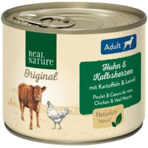 Hundefutter REAL NATURE Adult Kalbsherzen & Huhn 12×200 g